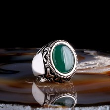 Tesbih Sepetim Yeşil Akik Taşlı Oval Model 925 Ayar Gümüş Erkek Yüzük