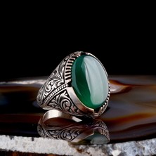 Tesbih Sepetim Akik Taşlı Kalem Işleme Desenli 925 Ayar Gümüş Erkek Yüzük