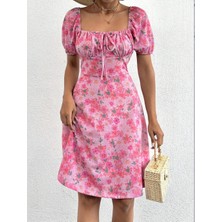 Hazego Kadın Kısa Kollu Mini Çiçek Baskılı Bağcık Detay Süprem Midi Boy Elbise