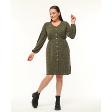 Apsen Kadın Haki Uzun Kollu Beli Lastikli Düğme Detaylı Triko Elbise 4482-105