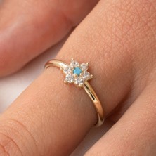 Fasek Gold Gümüş Yüzük -  Gümüş Yüzük - Mini Papatya Firuze (Turkuaz) Taşlı Minimal Tasarım 925 Ayar Gümüş Yüzük