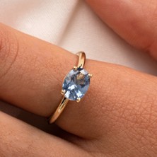Fasek Gold Gümüş Yüzük -  Gümüş Yüzük - 1.10 Karat Yan Blue Topaz Taşlı Octagon 925 Ayar Gümüş Evlilik Teklifi Yüzüğü