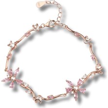 Madam Matmazel Sevgililer Günü Hediyesi 925 Ayar Gümüş Nergis Çiçeği Kadın Bileklik ,İnci Detaylı ,14K Rose Altın Kaplama Kübik Zirkon (Cz)