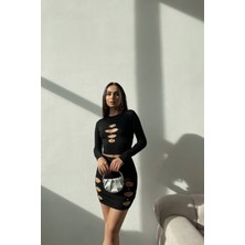 Neşeli Butik Kadın Siyah Crop Etek Tasarım Takım NBDF006