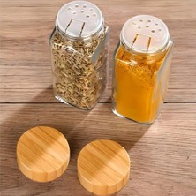  4 Adet Bambu Baharatlık Cam Baharat Kavanozu Bambu Kapaklı Kavanoz Serpme Başlıklı Baharatlık 120 ml