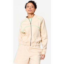 Decathlon Domyos Kadın Fermuarlı Bomber Ceket - Bej/Yeşil Şeritli