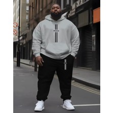 Amor Man Büyük Beden Özel Tasarım Kapüşonlu Peace Dikey Baskılı Şardonlu Kışlık Modern Battal Erkek Eşofman Takımı