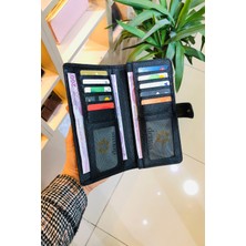 Derius Sunny Siyah Hakiki Deri Dikey Kişiye Özel Büyük Telefon Cüzdanı (UNISEX)