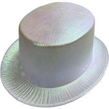 Çerçici Beyaz Renk Işıltılı Hologram Kumaş Kaplama Fötr Silindir Şapka Yetişkin Boy