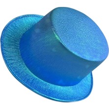 Çerçici Mavi Renk Işıltılı Hologram Kumaş Kaplama Fötr Silindir Şapka Yetişkin Boy