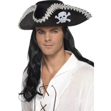 Çerçici Yetişkin Siyah Denizci Korsan Şapkası Kenarları Gümüş Işlemeli