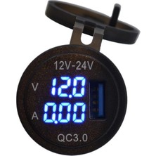 12V-24V DİJİTAL VOLTMETRE+AMPERMETRE+ŞARJ CİHAZLI (USB) (3 A) (MAVİ IŞIK) (28 MM)