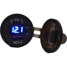 Motoraid 12V-24V Dijital Voltmetre+Şarj Cihazlı (Usb+Type-C) (3 A) (Off-On Anahtarlı) (Mavi Işık) (28 Mm)