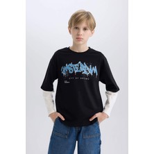 DeFacto Erkek Çocuk Oversize Geniş Kalıp Bisiklet Yaka Baskılı Uzun Kollu Tişört D7701A825SP