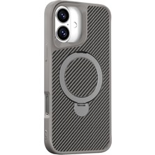Teleplus iPhone 16 Kılıf Karbon Fiber Magsafeli 360 Dönerli Standlı Alp Kapak