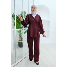 Locco Moda Balon Kol Scuba Kimono Takım Bordo