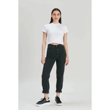 Modaca Kadın Füme Mom Jeans Püsküllü Lastik Paça