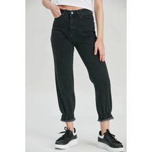 Modaca Kadın Füme Mom Jeans Püsküllü Lastik Paça