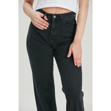 Modaca Kadın Füme Mom Jeans Püsküllü Lastik Paça