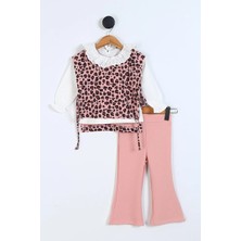 Miniğimin Cicileri Leopar Cepkenli Fisto Yakalı Kız Çocuk 3 lü takım - Pudra