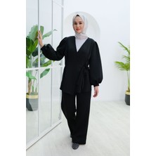 Locco Moda Balon Kol Scuba Kimono Takım Siyah