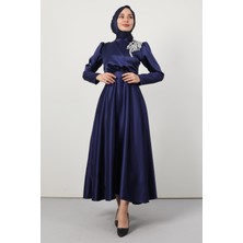 Omzu Taşlı Saten Abiye Lacivert