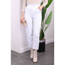 İmaj Butik Ekru Bel Lastikli Mom Jeans Pantolon