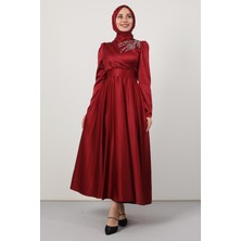 Omzu Taşlı Saten Abiye Bordo