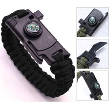 Siyah Paracord Bileklik, Bıçaklı, Düdüklü, Pusulalı, Magnezyum Taşlı Bileklik