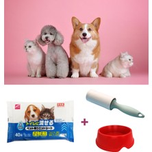 CrossBorder Decor Evcil Hayvan Bakım Seti: Evcil Hayvan Islak Havlusu +Tüyü Temizleme Rulosu + Kedi Köpek Mama Kabı