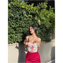 Baskılı Korseli Ekru Büstiyer Takımı