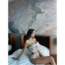 Baskılı Korseli Ekru Büstiyer Takımı