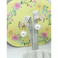 Eke Butik Çelik Fiyonk Taşlı Incili Çivili Küpe Altın