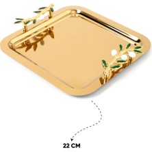 6 Parça Zeytin Dalı Gold Kahve Sunum Tepsi Seti - 22 cm Şıklık ve Zarafeti Buluşturan Tasarım