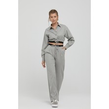 Naar Kadın Gömlek Yaka Beli Lastikli Uzun Gri Gömlek 2591326