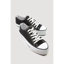 Ccway Kadın Kalın Tabanlı Keten Spor Ayakkabı SİYAH BEYAZ