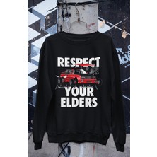 Fuddy Moda Respect Your Elders Baskılı Kapüşonsuz Sweatshirt, Unisex Oversize Araba Temalı Sweat