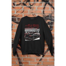Fuddy Moda Japan Godzilla Skyline Baskılı Kapüşonsuz Sweatshirt, Unisex Oversize Araba Temalı Sweat