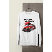 Fuddy Moda Japan Power Mitsu Evo Baskılı Kapüşonsuz Sweatshirt, Unisex Oversize Araba Temalı Sweat