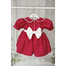 Bertuğ Bebek Bebe Yaka Dantelli Kız Çocuk Bebek Puantiyeli Pamuklu Kırmızı Minnie Elbise