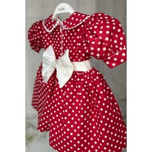 Bertuğ Bebek Bebe Yaka Dantelli Kız Çocuk Bebek Puantiyeli Pamuklu Kırmızı Minnie Elbise