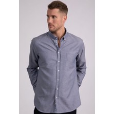 Tudors Erkek Regular Fit Klasik Kesim Pamuklu Oxford Doku Tek Cepli Lacivert Düğmeli Yaka Gömlek