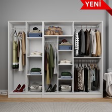 Kardelen Serisi 220  cm  Mat Beyaz 6 Kapılı 9 Raflı Elbise Dolabı - Gardırop Seti