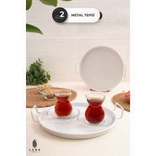 2\'li Vera Beyaz Metal Çay ve Kahve Sunum Tepsisi Seti - 25 cm Modern Şıklık