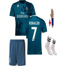 Efsane Cristiano Ronaldo 2018 Turkuaz 4'lü Set Çocuk Alt-Üst Forma Takımı Bileklik Çorap Hediyeli