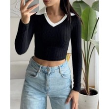 Aychayla Polo Yaka Triko Crop Bluz