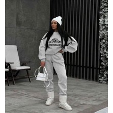 Amor Man Özel Tasarım Moodthelabel Baskılı Bisiklet Yaka Şardonlu Kışlık Oversize Kadın Eşofman Takımı