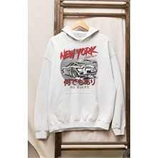 Fuddy Moda Unisex New York Street Face Baskılı Kapüşonlu Sweatshirt, Oversize Araba Temalı Hoodie