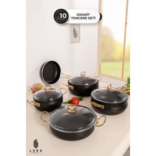 10 Parça Siyah Granit Tencere Seti - 26 cm Pyrex Kapaklı ve Gold Kulplu Şık ve Dayanıklı Tasarım