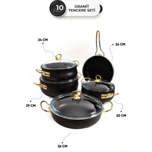 10 Parça Siyah Granit Tencere Seti - 26 cm Pyrex Kapaklı ve Gold Kulplu Şık ve Dayanıklı Tasarım